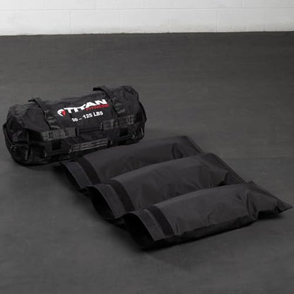 Titan Fitness 50-125 LB PRO Strongman Sandbags, Double Layer, 1050D Cordura, Black, Carry Home Gym Training