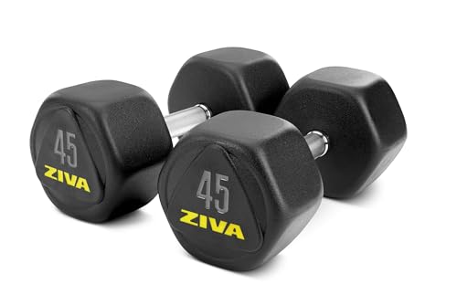 ZIVA Premium Hex Dumbbells – Commercial Grade Rubber Urethane Coated Free Weights for Strength Training, Weightlifting, Home Gym – Durable Steel Core – Sold in Pairs and Sets - style: o) 45lb BK
