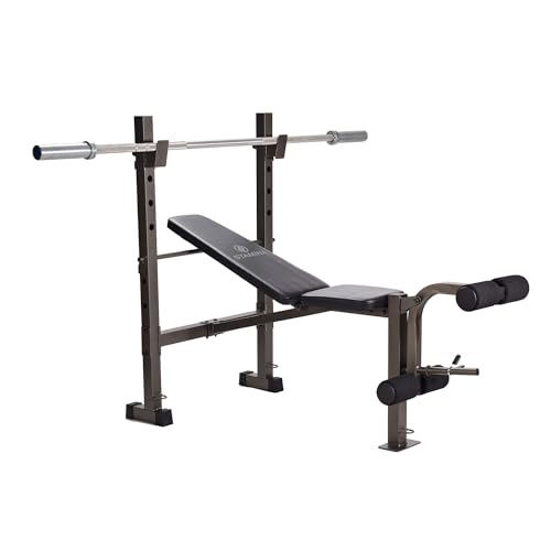 Stamina Adjustable Steel Weights Bench and Barbell Rack Combo Set with Resistance Band Anchor Points for Home Gym Workout or Exercise, Black