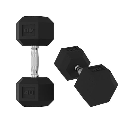 5-50 LB Hex Dumbbells Set of 2, Rubber Encased Cast Iron Dumbbells with Textured Carbon Steel Handle, Anti-Roll Hexagon Weight Pair for Home Gym Strength Training, Fitness Workouts for Men & Women - size: 40LBx2