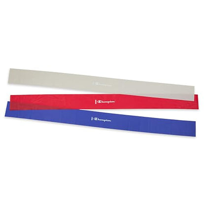 Champion Flat Resistance Bands (Pack of 3, Grey/Red/Blue), Light/Medium/Heavy, Rubber + Latex Exercise Bands, Odor-Free, for Strength Training, Physical Therapy & Gym Workout, Includes Exercise Guide