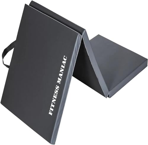 Fitness Maniac Tri-Fold Folding Exercise Mat - Thick and High-Density Firm Mat with Carrying Handles for MMA, Gymnastics, Stretching, Core Workouts - Black Gym Mat for Home Fitness