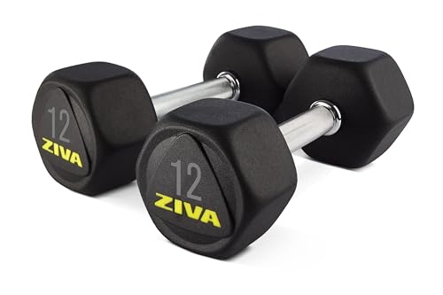 ZIVA Premium Hex Dumbbells – Commercial Grade Rubber Urethane Coated Free Weights for Strength Training, Weightlifting, Home Gym – Durable Steel Core – Sold in Pairs and Sets - style: e) 12lb BK