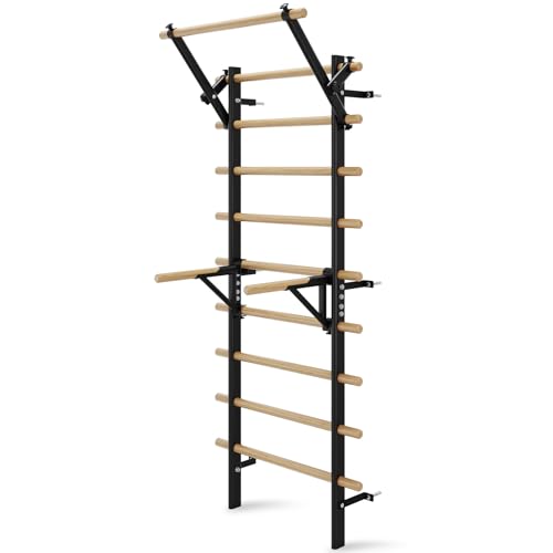Swedish Ladder Wall Gym, Stall Bar Home Gym with Adjustable Pull-Up Bar, Dip Bar Attachments & 2pcs Resistance Band, 9 Strategic Rods for for Home, School, Hysical Therapy and Gymnastics