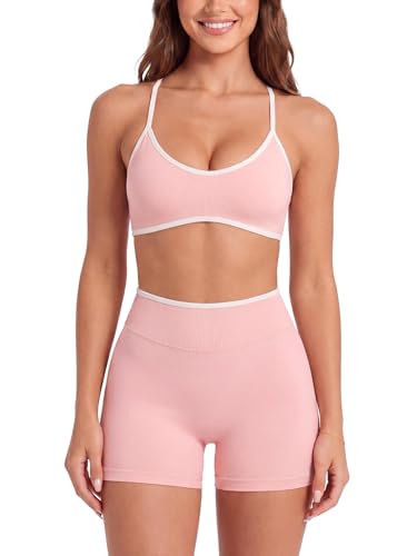 Workout Sets for Women 2 Piece Seamless Color Block Sports Bra High Waist Tummy Control Biker Shorts Gym Yoga Outfits