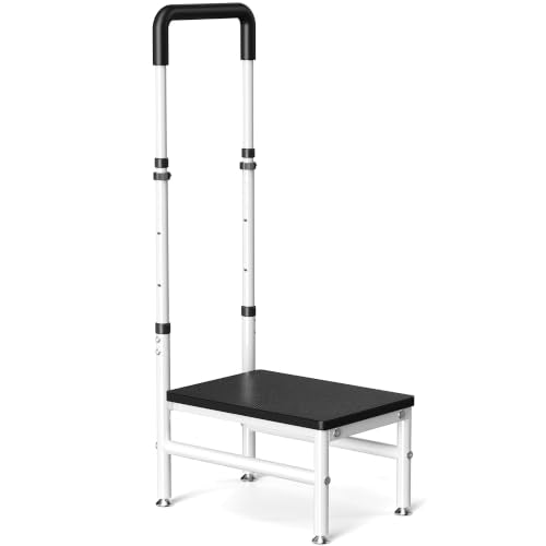 Step Stool with Handle for Adults and Seniors, Heavy Duty One Step Wooden Platform Stool with Adjustable Handrail, Wide Non Slip Footstool for Bedside, Bathroom and Home