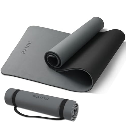 PAIDU Yoga Mat Non Slip Anti-tear,extra thick-2/5 inch（10MM）High Resiliency Professional POE Yoga Mats for Women Men Kids,72"x24"inch,Workout, Yoga, Pilates and Floor Exercise, with Carrier Strap - color: Grey+Black.