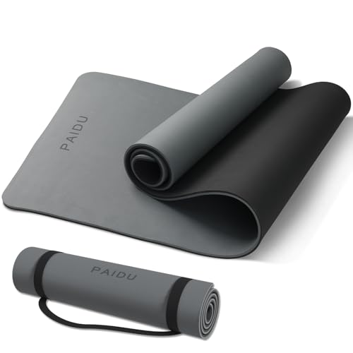 PAIDU Yoga Mat Non Slip Anti-tear,extra thick-2/5 inch（10MM）High Resiliency Professional POE Yoga Mats for Women Men Kids,72"x24"inch,Workout, Yoga, Pilates and Floor Exercise, with Carrier Strap - color: Grey+Black.