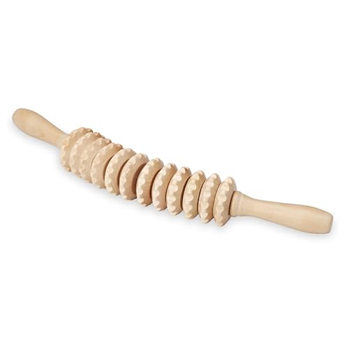 Gaiam Restore 16" Curved Muscle Roller Stick, Handheld Massage Roller with 12 Rolling Massagers for Muscle Recovery, Wooden Cellulite Massager for Legs, Back, Arms & Shoulders