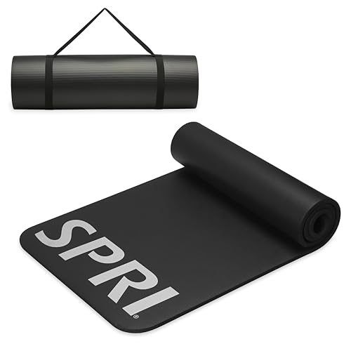 SPRI 12mm Pro Fitness Matt - Thick Exercise Mat for Floor Workouts, Sit-Ups, Push-Ups, Stretching, Toning, and General Fitness - Non-Slip Texture, Cushioned, Portable Rolling Mat with Carrying Strap - color: Black