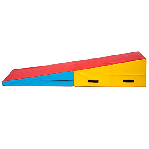 PRISP Folding Incline Gym Mat - Extra Long 71 x 28 x 14 in Wedge Gymnastics Tumbling Mat for Kids - color: Red; Yellow; Blue