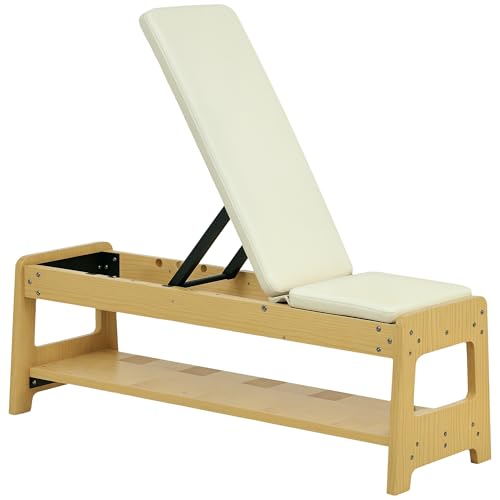 Soozier Adjustable Weight Bench with Dumbbell Rack, Wooden Workout Bench, Flat or Incline Bench for Home Gym Weight Lifting Training - color: White