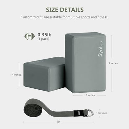 Syntus Yoga Block and Yoga Strap Set, Soft Non-Slip Yoga Blocks 9×6×4 inches, 8FT Metal D-Ring Strap for Yoga, General Fitness, Pilates, Stretching and Toning - color: Grey