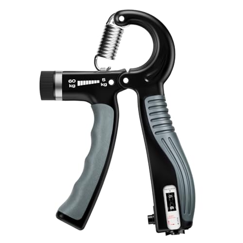 Grip Strength Trainer - Adjustable Resistance 11-132lbs/5-60kg Hand Gripper & Forearm Strengthener Device with Smart Counter for Sports & Rehab (black grey, 5-50kg)