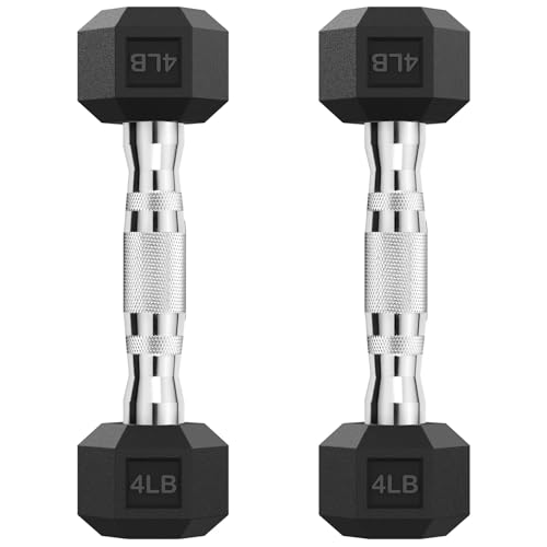 HANDBODE Hex Dumbbell Set, 2.5-65 lb Rubber Encased Exercise & Fitness Dumbbells, Weights Dumbbells Set of 2, Hand Weight for Strength Training - size: 4 lb, Pair, style: Chrome Handle