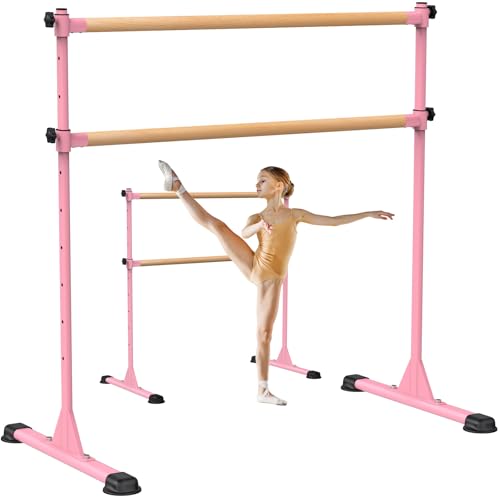 Dolibest Freestanding Ballet Bar, Height Adjustable Ballet Bar, Heavy Duty Dance Bar, with Non-Slip Rubber Pads, Enhanced Stability, Dance/Yoga/Fitness Stretching Bar, Ideal for Kids and Adults - color: Pink- 4ft Wooden Cross Bar