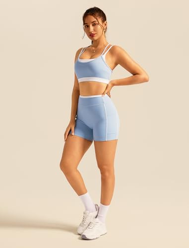 Double Layer Workout Sets for Women 2 Piece Matching Gym Set High Waist Shorts with Pockets Sports Bra Yoga Pilates Outfits