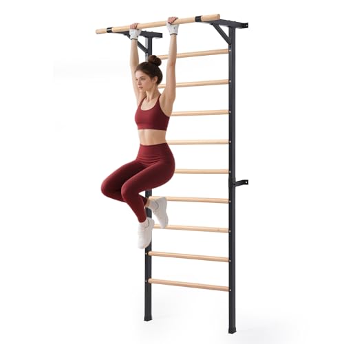 Solid Beechwood Stall Bar, 90" Swedish Ladder Wall Gym with Pull-up Bar & Dip Station, 220lbs Capacity Wall Mounted Gymnastics Ladder for Home Gym Training, Stretching & Bodyweight Exercise