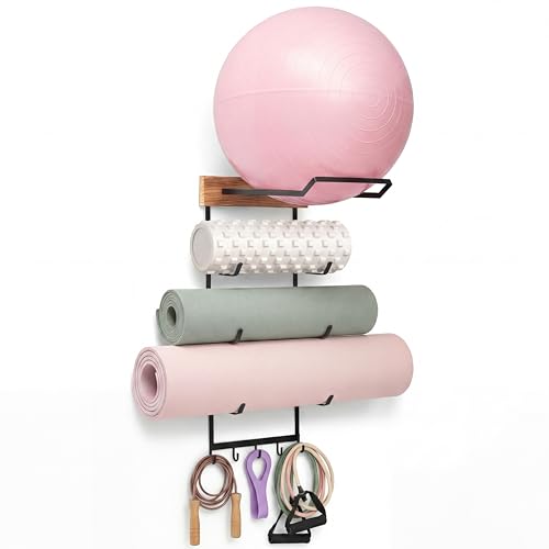 Yoga Mat and Ball Holder Wall Mount, 4-Tier Yoga Mat & Ball Storage Rack, Home Gym Organizer, Black Metal Floating Shelf for Hanging Foam Rollers & Resistance Bands(5 Hooks Style,Wood Color)