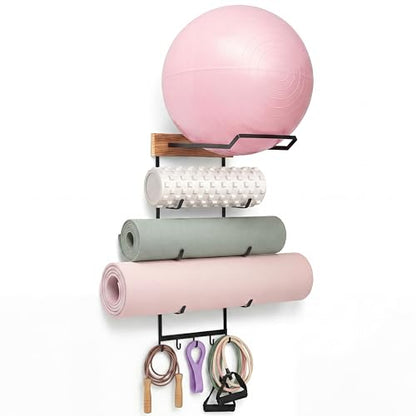 Yoga Mat and Ball Holder Wall Mount, 4-Tier Yoga Mat & Ball Storage Rack, Home Gym Organizer, Black Metal Floating Shelf for Hanging Foam Rollers & Resistance Bands(5 Hooks Style,Wood Color)