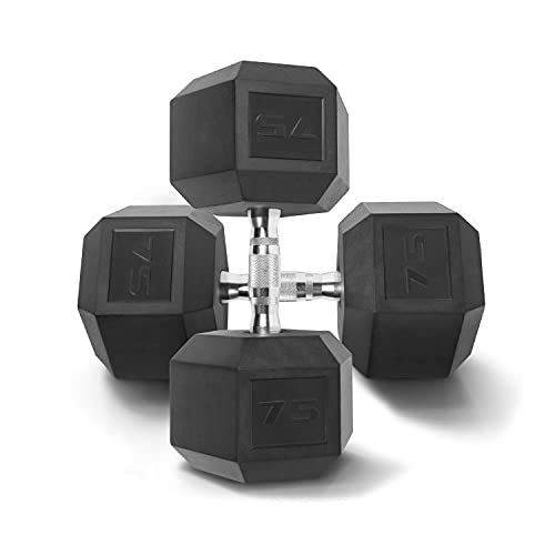 WF Athletic Supply Rubber Coated Solid Steel Cast-Iron Pair Dumbbells, Rubber Hex Dumbbells, Hex Weights Dumbbells for Muscle Toning, Full Body Workout, Home Gym Dumbbells, Pair - color: r. 75 LB Pair (2 x 75lb)