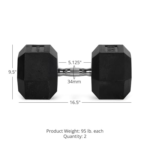Titan Fitness Pair Rubber Coated Hex Dumbbells, Roll-Resistant Hexagonal Free Weights, Chrome-Coated Handles with Knurling, Strength Training Equipment - style: 95 lb, Pair