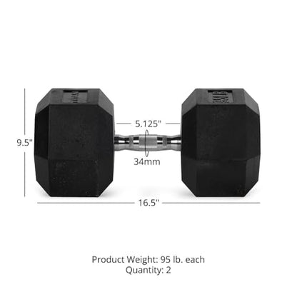 Titan Fitness Pair Rubber Coated Hex Dumbbells, Roll-Resistant Hexagonal Free Weights, Chrome-Coated Handles with Knurling, Strength Training Equipment - style: 95 lb, Pair