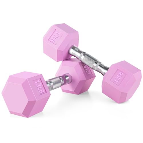 Portzon Weights Dumbbells Pink Colors Compatible with Set of 2 Neoprene/Rubber Dumbbells,1-15 LB, Anti-Slip, Anti-roll, Hex Shape - style: 12-Pounds,Pair