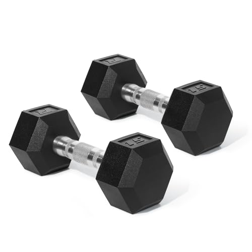 Ritfit 5-650 LBS PVC Encased Hex Dumbbell Sets with Optional Rack for Home Gym, Hand weight with Chrome Handle for Strength Training,Workouts - style: 2X15LBS