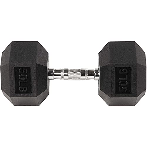 Fitvids Rubber Encased Exercise & Fitness Hex Dumbbell, Hand Weights with Anti-Slip Metal Handle for Home Gym, Multiple Sizes - style: 50LB Single