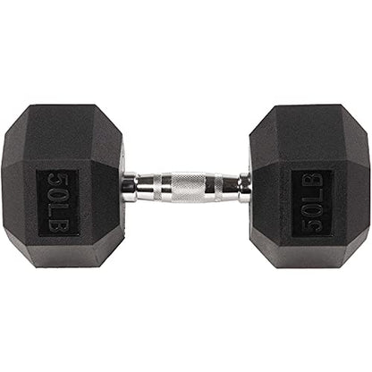 Fitvids Rubber Encased Exercise & Fitness Hex Dumbbell, Hand Weights with Anti-Slip Metal Handle for Home Gym, Multiple Sizes - style: 50LB Single