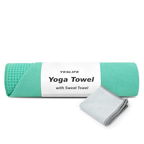YESLIFE Non-Slip Extra Thick Hot Yoga Towel with One Sweat Towel, Microfiber Sweat Absorbent Yoga Mat Towel with Grip Dot, Pilates Mat, 72" x 24", Light Green - color: Light Green