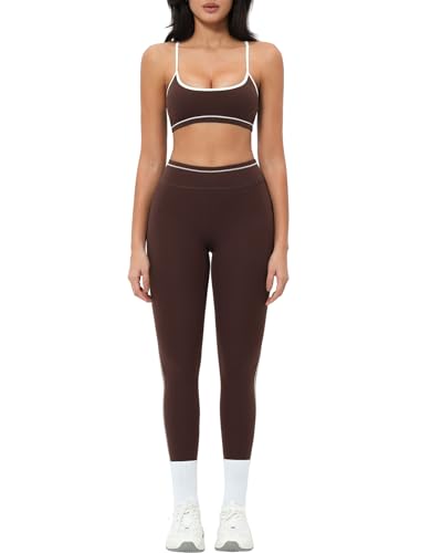 Womens Workout Set Two Piece Strappy Color Block Sports Bra Matching High Waist Leggings Gym Work Pilates Outfits - color: Dark Coffee, size: Small