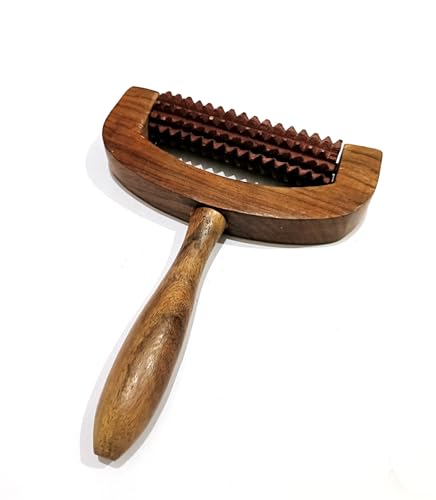 Wooden Roller Massager with Handle, Spiked Acupressure Roller, Natural Wood, Body Massage Tool