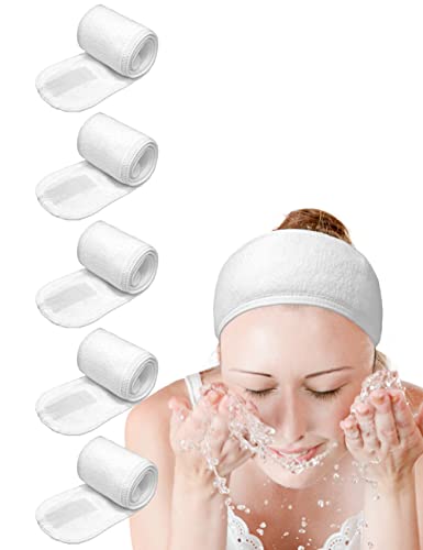 Spa Headband Sweat Towel Wrap Non-Slip Stretchable Washable for Face Wash, Facial Treatment, Sports (White 5pcs)