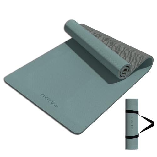 PAIDU Yoga Mat 8mm TPE Non‑Slip Fitness Mat with Strap for Home Workouts - color: Deepgreen&Gray