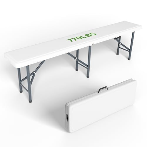 6FT Folding Bench - Safety Lock Button, 770lbs Heavy Duty Capacity with Wider Carrying Handle, Foldable Portable Bench for Outdoor, Picnic, Storage and Camping - White, 1 Pack - color: White, size: 1 PACK