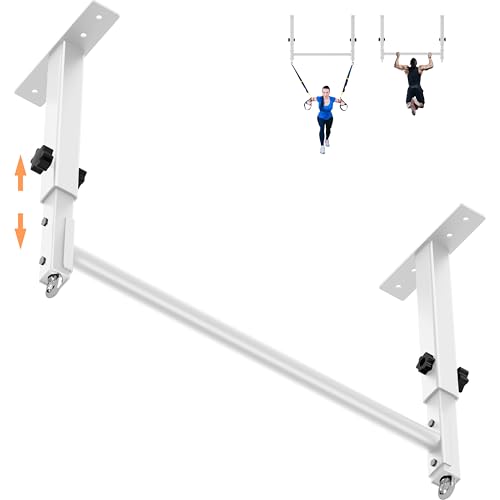 48" Ceiling Mount Pull Up Bar, Heavy Duty Multi-Grip Rafter Chin Up Bar for Garage/Basement/Backyard Ceiling Beam, Adjustable Height&Supports to 650 Lbs (White)