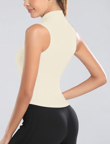 FEOYA Women Sleeveless Athletic Tank Top Shirts Full Zip Up Tshirt for Yoga Running Fitness Exercise - color: Upgrated Beige, size: Medium