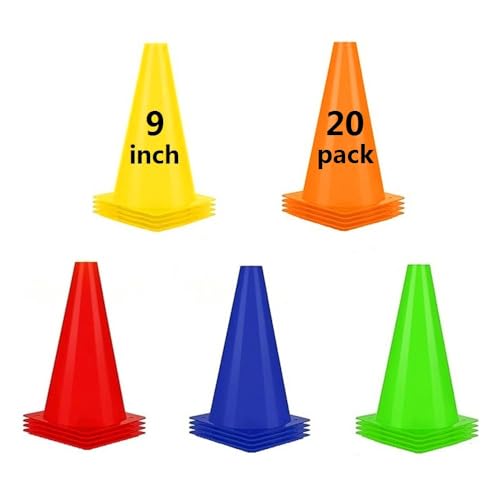 Soccer Cones (9 Inch 20 Pack), Agility Training Sport Cone with Carry Bag for Drilling Football Basketball Field Markers, - color: 5 Colors
