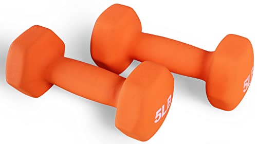 Fitvids Neoprene Dumbbell Hand Weights, Anti-Slip, Anti-roll, Hex Shape Colorful, Pair or Set with Stand - style: (5-Pound, Pair)
