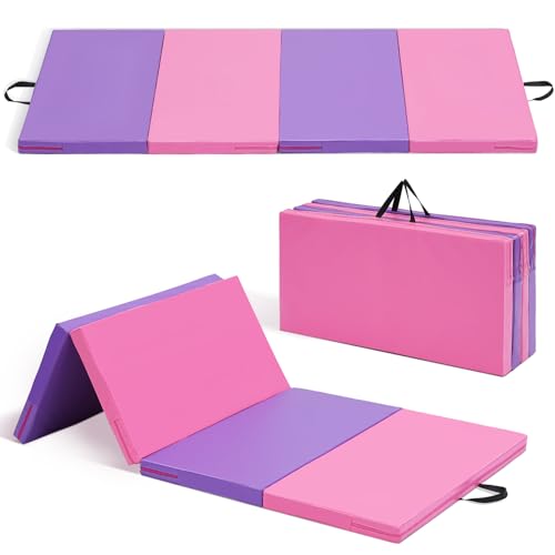 ZENOVA Gymnastics Mat 6'x3'x2''/4'x8'x2'' Exercise Mat Gym Mat for Home Aerobics Workout Foldable Tumbling Mat Children Gifts - color: 3FT x 6FT --Pink&Purple