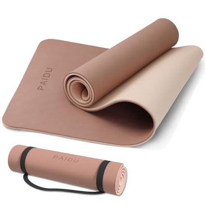 PAIDU POE Yoga Mat （10mm）Extra Thick Fitness Mat 72"x24" with Carry Strap - color: Brown+Apricot