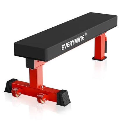 Flat Bench, 4" Thick HeftyGrip Vinyl Pad, Rated 1,200 LB, Flat Benches for Home Gym & Strength Training, Professional Grade Flat Weight Bench Made of Heavy Duty 3"*3" Tube (Red)
