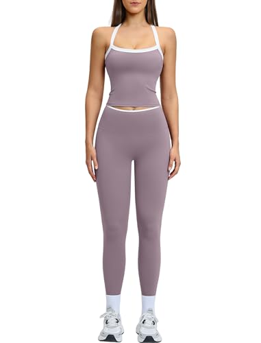 Women 2 Piece Workout Sets Padded Criss Cross Back Crop Tank High Waist Tummy Control Active Leggings Sets Yoga Outfit - color: Colorblock Purple, size: Large
