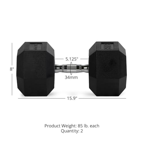 Titan Fitness Pair Rubber Coated Hex Dumbbells, Roll-Resistant Hexagonal Free Weights, Chrome-Coated Handles with Knurling, Strength Training Equipment - style: 85 lb, Pair