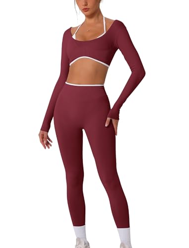 AGYMNX 2 Piece Workout Sets for Women Contrast Panel Long Sleeve Halter Crop Top and High Waist Leggings Jogger Outfits - color: Wine Red, size: Small