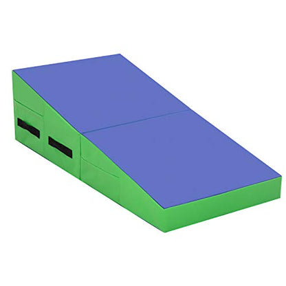 HHS Folding Gymnastics Cheese Wedge Mat - 48x24x14 inch, Gymnastics Mat Non-Slip PVC Surface, Zipper Seal Design for Kids & Adults - Blue