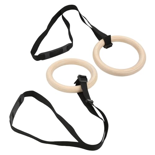1 Pair of Adjustable Buckle Straps, 330-Pound Wooden Belt Gymnastics Rings, Pull-Up Training Rings, Suitable for Fitness