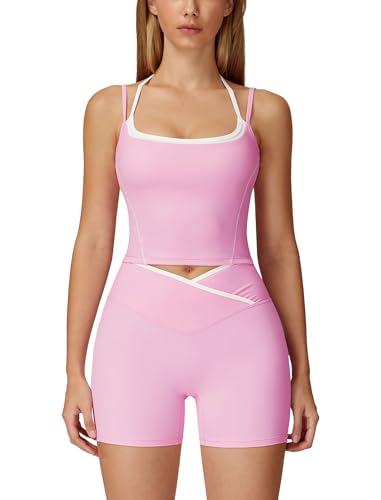 ABOCIW Workout Sets for Women 2 Piece Color Block Layered Cropped Tank Top Crossover High Waist Biker Shorts Gym Sets